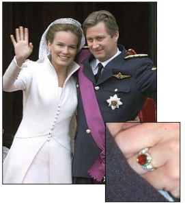 Pictured above: PRINCESS MATHILDE married Belgium’s heir apparent Prince Philippe in 1999. He proposed with a large oval cut ruby engagement ring.