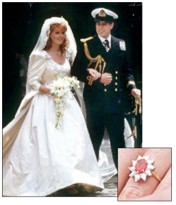 Pictured above: SARAH FERGUSON‘s engagement ring from Prince Andrew, who she wed in 1986, was a fiery red Burmese ruby surrounded by diamonds from Garrards.